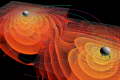 Numerical simulations of the gravitational waves emitted by the inspiral and merger of two black holes. The colored contours around each black hole represent the amplitude of the gravitational radiation; the blue lines represent the orbits of the black holes and the green arrows represent their spins. [Credit: C. Henze/NASA Ames Research Center]