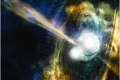 Vue d’artiste d’une fusion d’étoiles à neutrons avec un sursaut gamma court, Crédit : Caltech