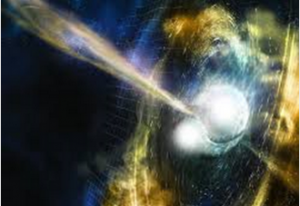 Vue d’artiste d’une fusion d’étoiles à neutrons avec un sursaut gamma court, Crédit : Caltech
