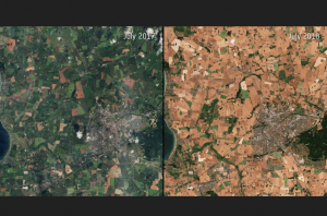 Photo Caption:
Left and middle: Impact of the extreme heatwave and drought of summer 2018, as compared to summer 2017, on fields around the town of Slagelse in Zealand, Denmark (photo: European Space Agency; CC BY-SA 3.0 IGO). Right: Danish maize field in July 2018 (photo: Janne Hansen; CC BY-NC 4.0).